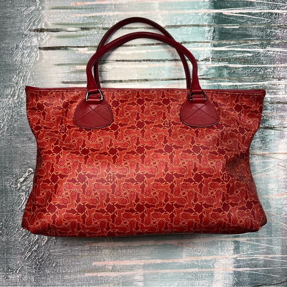 Céline Vintage Le Horse Carriage Saluki Monogram Tote Orange Red Tone & Silver - Picture 2 of 16